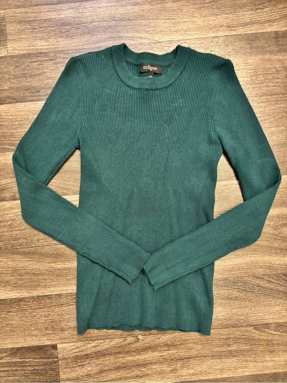 Eclipse Dark Green Ribbed Long Sleeve Crewneck Top